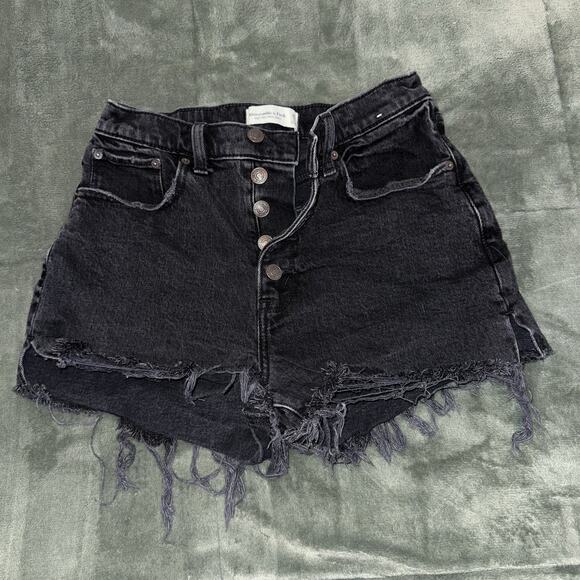 Abercrombie & Fitch Mom Short High Rise Size 26/2 Denim Shorts Raw Hem Black - Picture 2 of 8